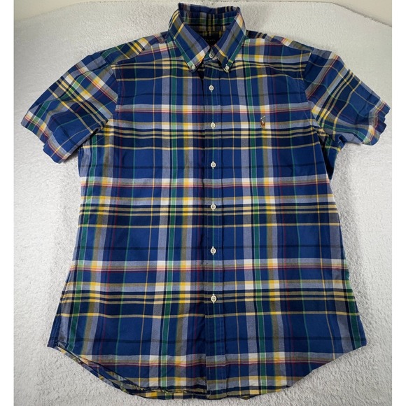 Ralph Lauren Shirt Mens L Blue Plaid Slim Short Sleeve Button Down Flesh Pony - Picture 1 of 5